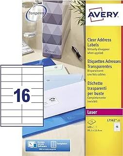 Avery Self Adhesive Clear ADDRess Mailing Labels, Laser Printers, 16 Labels Per A4 Sheet, 400 Quickpeel (L7562)