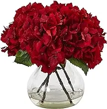 Nearly Natural 8.5in. Red Hydrangea Silk Flower Arrangement with Glass Vase