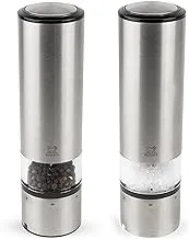 Peugeot Elis Sense DUO Pepper+Salt Mill U Select With Tray. Stainless Steel & Acrylic. Rust resistant. 6 precision grind settings. Push button operation. Made in France.