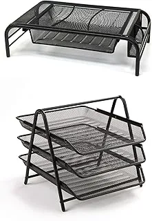 Mind Reader Meshmon3P-Blk Metal Mesh Monitor Stand With Drawer Organizer, And3 Tier Steel Mesh Paper Tray Desk Organizer, Black 2 Pc Set