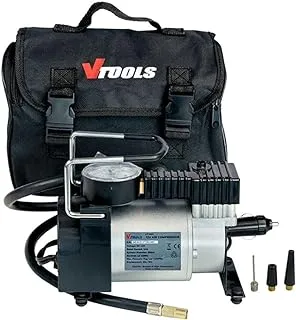 VTOOLS 12V Portable Air Compressor Single Cylinder With 100 Psi, Tyre Inflator For Car/Suv With Auto Stop, Carrying Bag,1 Meter Hose, And 4 Nozzles,Grey, VT1303