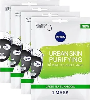 NIVEA Face Sheet Mask Puryfying, Urban Skin with Green Tea & Charcoal, 4 Masks