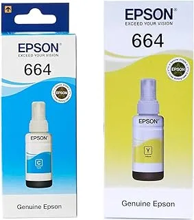 زجاجة حبر Epson T6644 Ecotank ، حبر أصفر لإعادة تعبئة الطابعة 70 مل وزجاجة حبر Epson T6642 Ecotank ، حبر سماوي لإعادة تعبئة الطابعة ، 70 مل