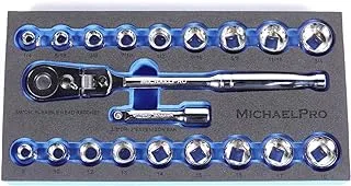 Michaelpro Mp001001 3/8 Inch Drive Socket Wrench Set, 20-Piece, 12-Point Socket In Sae & Metric Size-With Reversible And Flexible Low Profile Ratchet Wrench Handle, Extension Bar And Eva Tray, Red