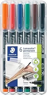 STAEDTLER Lumocolor Universal Pen, Fine, Felt Tip, Permanent Marker, Box of 6 Assorted Color Pens, 0.6mm 318 WP6