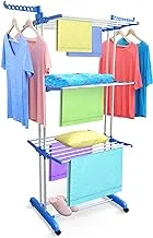 SKY-TOUCH 3 Layers Clothes Drying Rack Folding Clothes Rail Of Clothes Hanger, Adjustable Stainless Steel Hanger With Two Side Folding Wings For Indoor And Outdoor, Blue