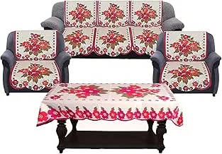 Kuber Industries Flower Cotton 7 Piece 5 Seater Sofa Cover with Center Table Cover (Pink and Cream) - CTKTC022291