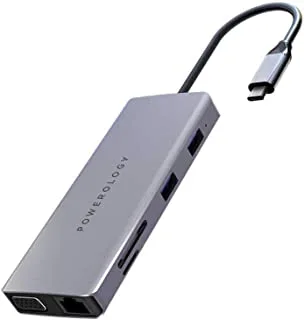 Powerology USB-C Hub 11 in 1 Charge & Sync Aluminum body with HDMI 4K VGA Ethernet USB 3.0 SDXC 60W PD Compatible with (Macbook Pro/Dell XPS 13 & 15 /Asus Chromebook & Zenbook Pro) and more.