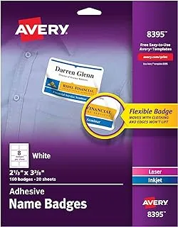 Avery Flexible Name Tag Stickers, White Rectangle Labels, 160 Removable Badges, 2-1/3