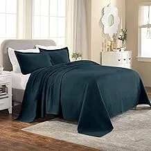 Superior 100% Cotton Basket Weave Bedspread With Shams, All-Season Premium Matelassé Jacquard Bedding, Quilted-Look Geometric Pattern - King, Deep Sea,Bedspread Bas-Kg-Ds,3