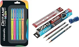 Classmate Octane Gel Pen (Blue)- Neon Series- Pack Of 5 & Doms Fusion Pencil 10 Pcs