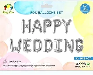 PARTY TIME - 1 Set Silver HAPPY WEDDING Balloon Sets، Anniversary، Wedding، Valentines Letter Foil Balloons، Shiny Mylar Foil Balloon Sets (16 بوصة)