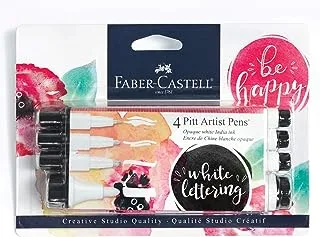 Faber-Castell White Pitt Artist Pen Set - 4 غير شفاف أبيض الهند حبر الفنان - مجموعة علامات الحروف والتوضيح