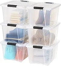 Iris USa 32 Qt. Plastic Storage Bin Tote Organizing Container With Durable Lid And Secure Latching Buckles, Stackable And Nestable, 6 Pack, Clear With Black Buckle