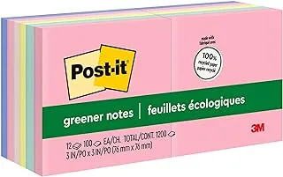 Post-It Greener Notes, 3X3 In, 12 Pads, America'S #1 Favorite Sticky Notes, Helsinki Collection, Pastel Colors (Pink, Blue, Mint, Yellow), Clean Removal, 100% Recycled Material (654-Rp-A)