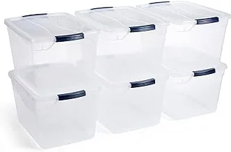 Rubbermaid Cleverstore Clear 30 Qt Pack من 6 حاويات تخزين بلاستيكية قابلة للتكديس مع أغطية شفافة متينة ، تنظيم وتخزين مرئي ، رائع للخزانة ، الغسيل ، وتخزين المرآب