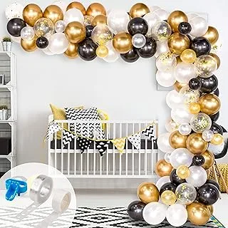 Whaline Balloon Arch & Garland Kit, 120Pcs Black, White, Gold Confetti And Metal Latex Balloons With 1Pcs Tying Tool, Strip Tape For Graduation, Wedding, Birthday Decor