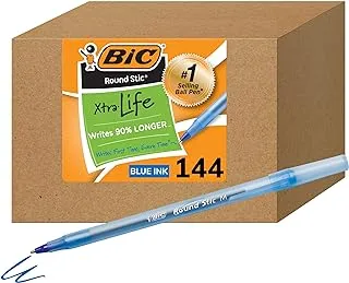 Bic Round Stic Xtra Life Ballpoint Pen, Medium Point (1.0mm), Blue, Flexible Round Barrel For Writing Comfort, 144-Count