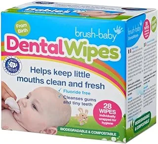 Brush-Baby Biodegradable Pack of 28 Dental Wipes for Infants, Gentle Oral Care for Babies, Enriched with Xylitol, Sterile and Individually Wrapped, Ideal For Babies' Early Teeth, White