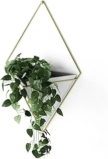 Umbra Trigg Hanging Planter Vase & Geometric Wall Decor Ceramic Container - Great For Succulent Plants, Air Plant, Mini Cactus, Faux Plants and More, Large, White/Brass