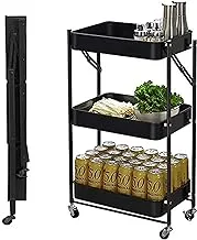 Noaeou 3-Tier Rolling Utility Foldable Cart - Mesh Basket with 360° Rolling Swivel Wheels Lockable Wheels Easily Collapsible and Portable to Save Space for Bathroom Kitchen Office (Black)