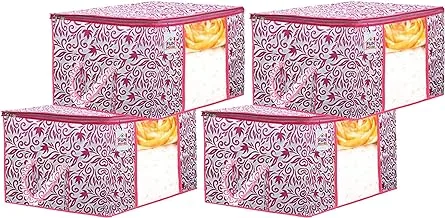 Fun Homes Leaf Printed 4 Pieces Non Woven Fabric Underbed Storage Bag,Cloth Organiser,Blanket Cover With Transparent Window (Pink)