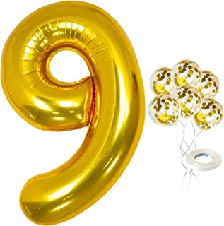 KatchOn Gold Number 9 Balloon with Gold Confetti Balloons - Large, 40 Inch |9 Gold Foil Balloons |9th Birthday Decorations for Girls, Boys| Gold 9 Balloon for Anniversary, 9 Birthday Party Balloons