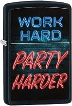 Zippo Classic Lighter 218 Ci412248 Work Hard Party Harder باللونين الأزرق والأحمر بتصميم مطبوع | يندبروف | مادة معدنية - أسود