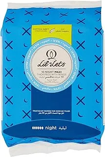 Lil-Lets Maxi Thick Night Towel Pads - Super Soft Cotton Feel With Wings for Extra Security Fast Absorption Amazing Comfort -Skin Friendly Leak Proof Protection 10 Units