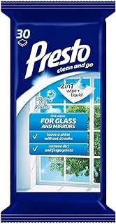 Presto Wet Wipes for Cleaning Glass And Mirrors | Wiper for Home & Office Use | Perfect for Window, Car Glass, Tablets, and Mirror | 30 Wipes