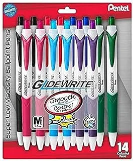 Pentel GlideWrite Ballpoint Pen with TechniFLO Ink, (1.0mm) Medium Line, Asst 14-Pk (BX910BP14M), Assorted 3