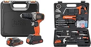 Black & Decker 18V 1.5Ah 650 RPM Combi Hammer Drill with 2 Batteries in Kitbox for Metal + 108 Pieces Hand Tool Kit for Home & Office