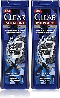 Clear Men Complete Care 3in1 Shampoo For Hair, Face & Body With Activated Charcoal for 100% dandruff free hair and moisturized skin, 400ml Pack of 2, white