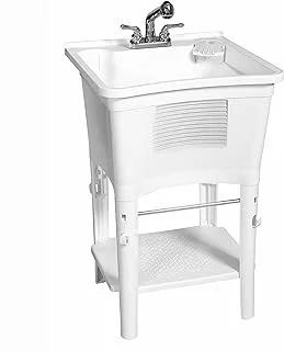 Zenna Home Premium Utility Sink with Pull-Out Faucet: Laundry Tub for Basement, Garage or Wash Room, White