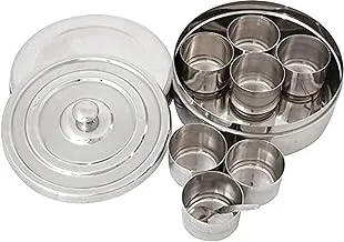 Raj Stainless Steel Catering Spice Storage Box, 8.2 cm, MD0M01 - Masala Box , Masala Petti ,Spice Box, 7 Compartments and Spoon