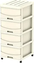 Cosmoplast Cedargrain 4 Tiers Storage Cabinet With Drawers And Wheels, Off White