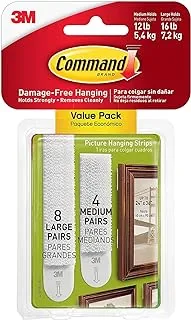 Command Picture Medium and Large Hanging Strips (8M + 4L) White color, 12 pairs/pack | Holds 7.2 kg whole pack | Heavy Duty| Organize | Decoration | No Tools | Holds Strongly | Damage-Free Hanging