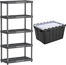 Cosmoplast Ifofsh003Cg Plastic Heavy-Duty Shelving Rack 5 Tiers Storage Unit, Grey Mix, H 185.0 X W 45.0 X D 90.0 Cm + 2 Cosmoplast Plastic Utility Storage Box With Dual Flap Lids 55 Liters