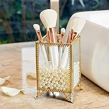 PuTwo Makeup Brush Holder Glass and Brass Vintage Organizer Handmade Cosmetic Storage with White Pearls for Dresser Vanity Countertop - Gold