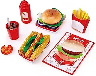 Hape Fast Food Set |Wooden Diner Fast Food Toy Set, Classic American Meal for Pretend Play Includes Burger, French Fries, Hotdogs and Cola