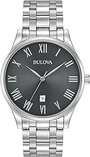 Bulova Men's Classic Stainless Steel 3-Hand Date Calendar Quartz Watch, Grey Dial with Roman Numeral Markers Style: 96B261, Stainless Steel, Classic Sutton Quartz Silver-Tone Stainless Steel Bracelet