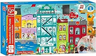 Hape animated city cardboard game | problem-solving puzzle game with animated effects, 49-piece