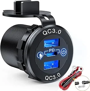 Nilight Quick Charge Socket PD Type C and QC3.0 Dual USB Charger 12V 24V Car Outlet ON Off Touch Switch Fused Wire Kit for Cars Trucks RVs Campers, 2 Years Warranty