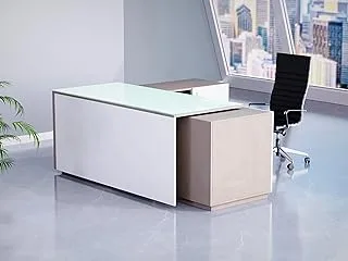 Mahmayi Specialties L Shaped Glass Executive Table with Storage Shelves and Cabinet for Home & Office Contemporary Style L Shaped Computer Desk - Light Concrete/White