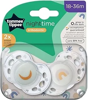 Tommee Tippee Night Time Soothers, Symmetrical Orthodontic Design, BPA-Free Silicone Baglet, Includes Steriliser Box, 18-36m, Pack of 2, Rainbow