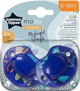 Tommee Tippee Moda Soothers, Symmetrical Orthodontic Design, BPA-Free Silicone Baglet, Includes Steriliser Box, 6-18m, Pack of 2, DarkBlue