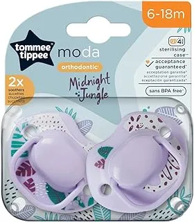 Tommee Tippee Moda Soothers, Symmetrical Orthodontic Design, BPA-Free Silicone Baglet, Includes Steriliser Box, 6-18m, Pack of 2, Purple