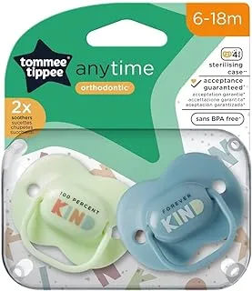 Tommee Tippee Anytime Soothers, Symmetrical Orthodontic Design, BPA-Free Silicone Baglet, Includes Steriliser Box, 6-18m, Pack of 2, Green