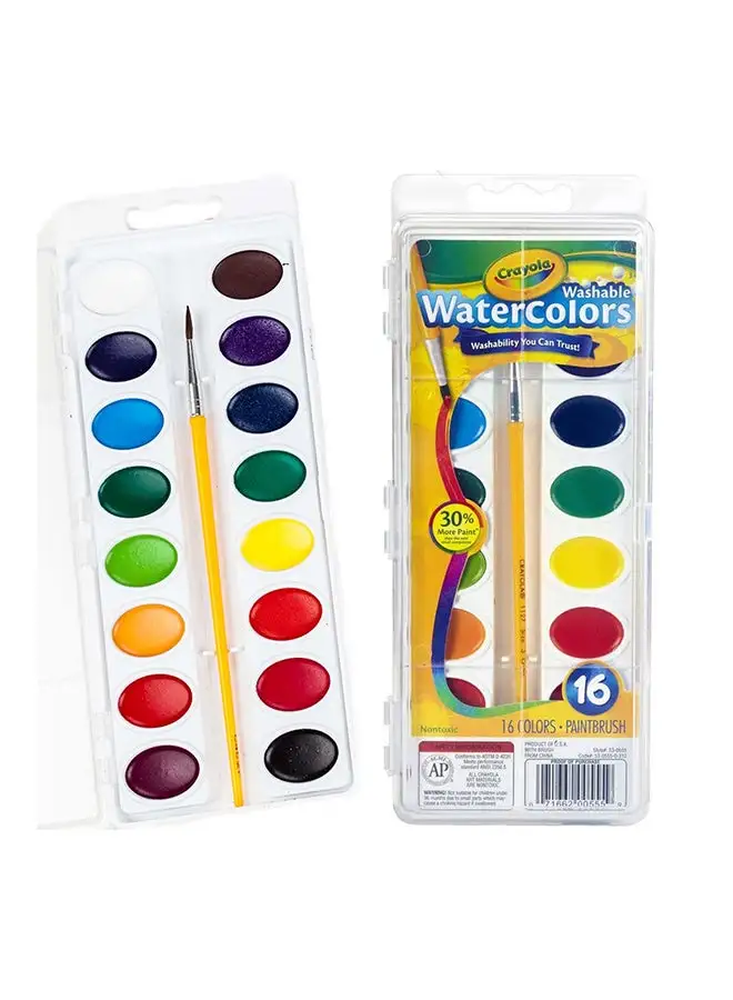 Crayola Washable Watercolors Pans With Plastic Handled Brush, 16 Count 23.5x9.84x1.91cm