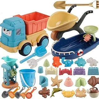 COOLBABY Children's Beach Toy Set,Long Shovels Sand Toys Set with Mesh Bag,Beach Boat,Dune Buggy,Beach Buckets, Shovels, Rakes, Molds, Outdoor Beach Toys (33 PCS) Color Random